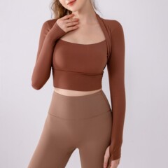 Autumn and Winter Yoga Suit with Built-in Bra Cup, Two-Piece Exercise Top, Running Tight-Fitting Slimming Short-Sleeve Training Fitness Shirt