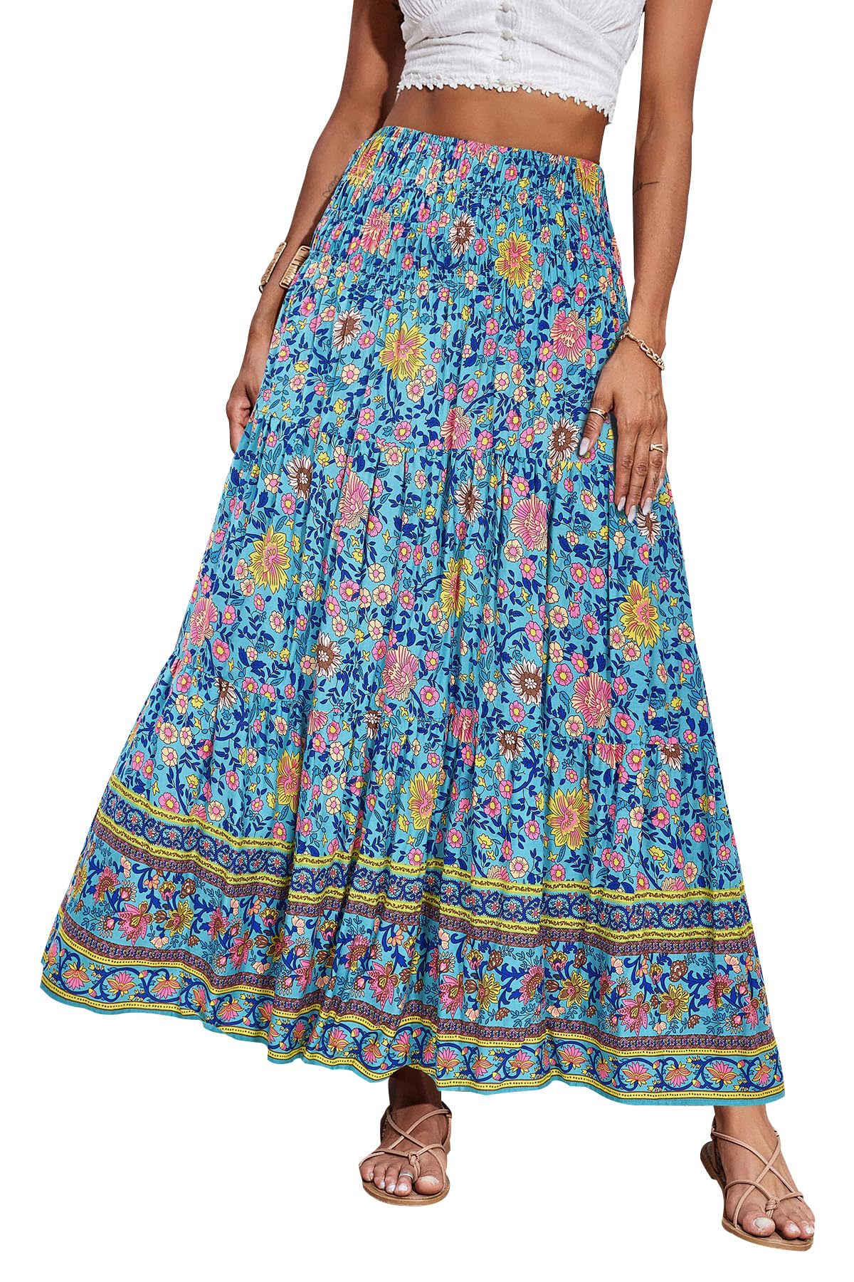 New European And American Printed Flared Bohemian Casual High-waisted Long Skirt, Beach Skirt For Women_ecoleips.com