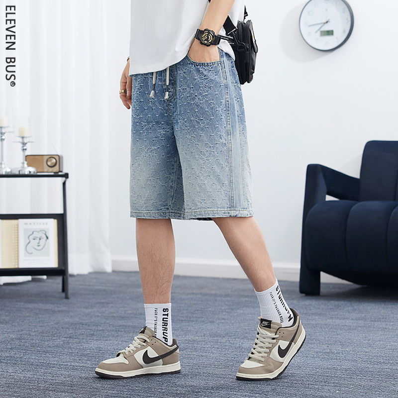 Gradient Washed Jeans Men's Trendy Brand Men's Casual Mid-Length Pants Straight Denim Shorts Men's Summer Thin Style