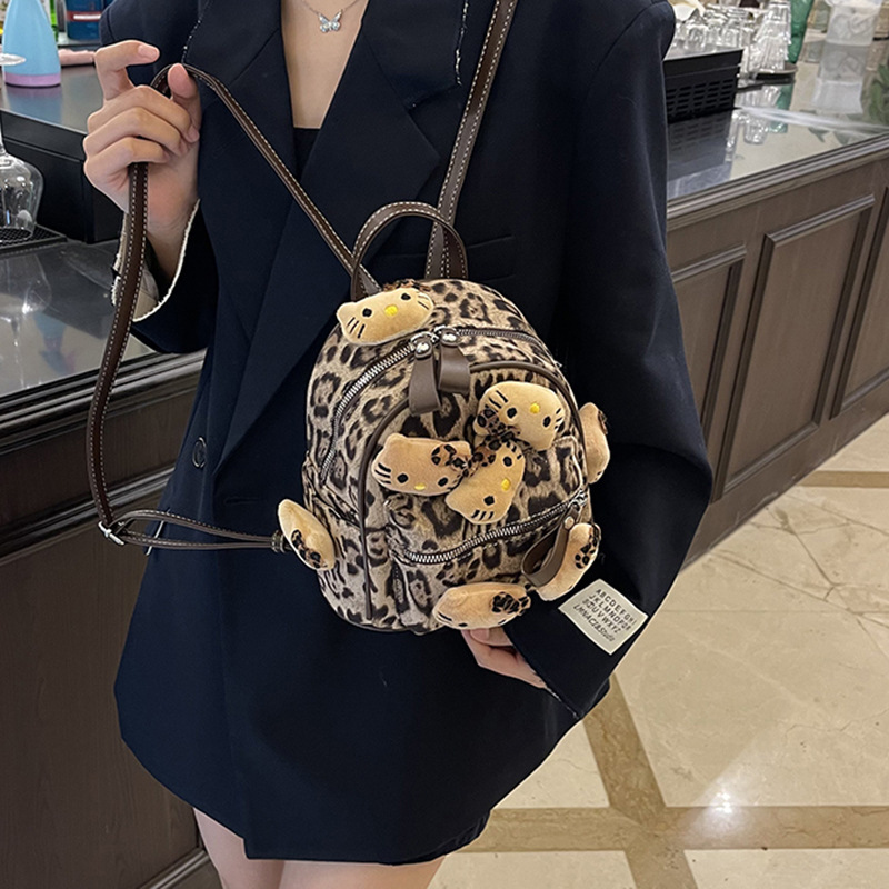 ぬいぐるみヒョウ柄猫ランドセルキティ猫レトロミニ収納バッグ通勤旅行ギャル小さなバックパック|undefined