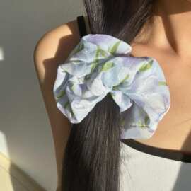 气质蝴蝶结发夹发圈mona同款超大质感碎花头饰粉雪纺发绳甜美发夹
