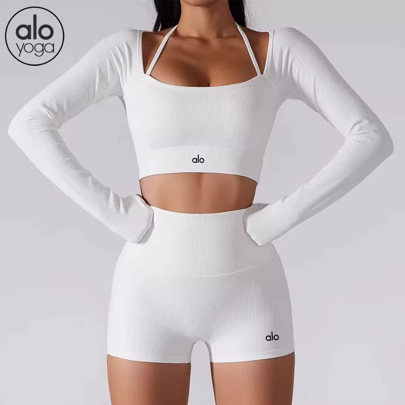 ALO спортивный обтягивающий костюм для йоги с резьбой, топ, шорты, комплект из двух предметов с нагрудной подкладкой, внешний тренировочный костюм