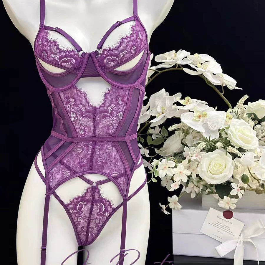 Комплект бюстье с кружевной поддержкой, бюстгальтер-лиф Purple Lace с подвязками и чулками, one size