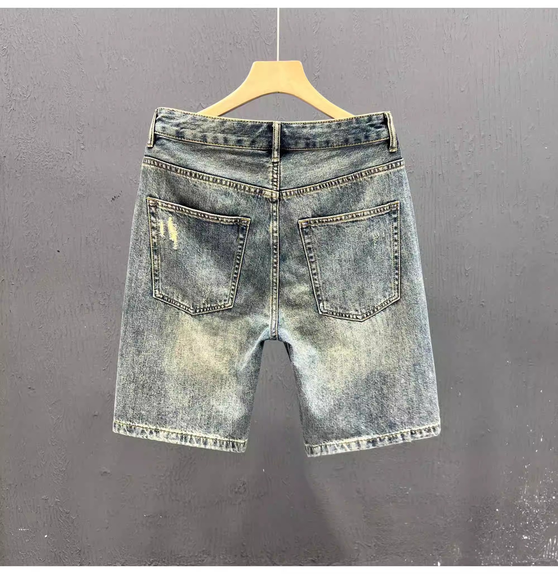 Men's Lightweight Distressed Denim Shorts Trendy High End Printed Patchwork Mid-Length Stretch Five-Point Pants Summer_mkmklike.com