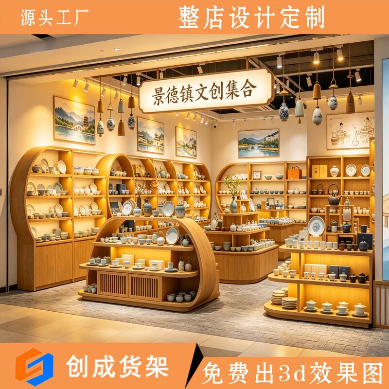 Chinese-Style Natural Wood Tea Set Island Display Stand Tourist Attraction Cultural and Creative Handicraft Gift Porcelain Shop Complete Counter Display Cabinet