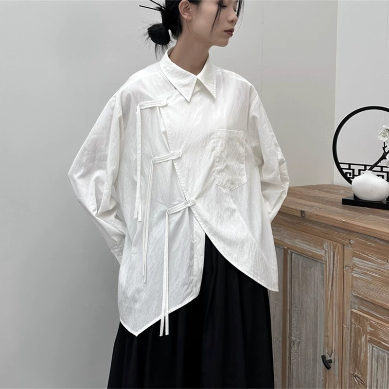 Design-Inspired Niche Yamamoto Dark Style New Chinese Black and White Shirt for Women, Summer Thin New Loose Drape Shirt