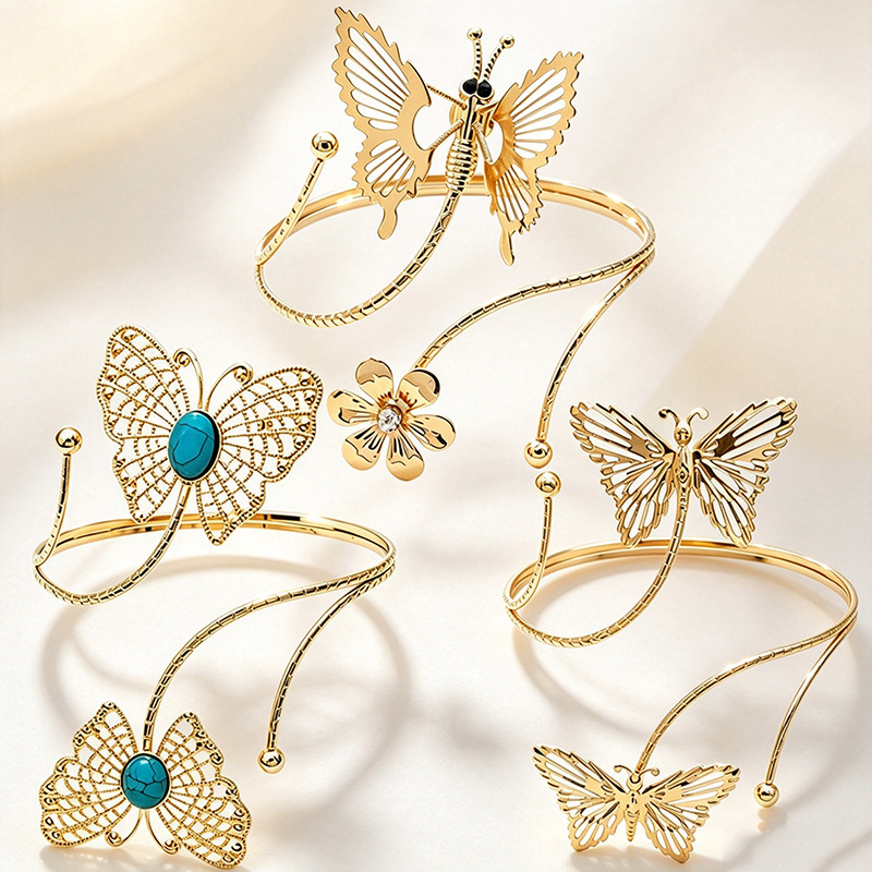 European and American cross-border Bohemian hollow butterfly turquoise adjustable open arm bracelet ethnic style metal arm accessory European and American cross-border Bohemian hollow butterfly turquoise adjustable open arm bracelet ethnic style metal arm accessory