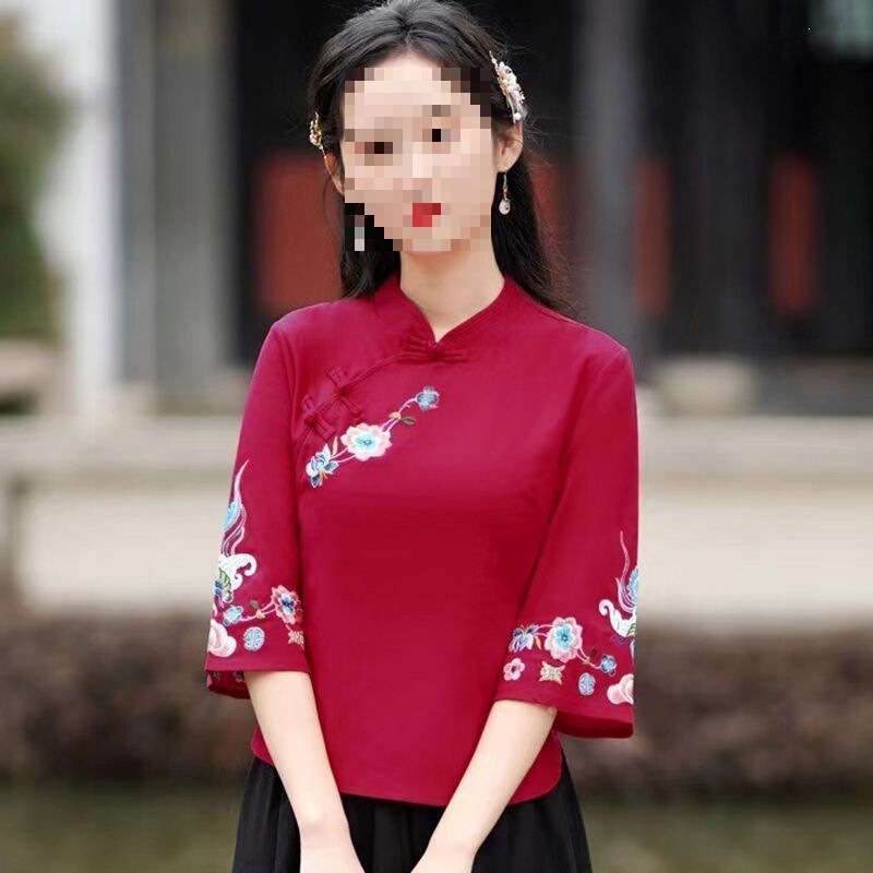 2026 New Chinese Style Hanfu Tang Suit Tea Dress Ethnic Style Women's Clothing with Buttoned Three-Quarter Sleeves Cotton and Linen Embroidered Top for Women