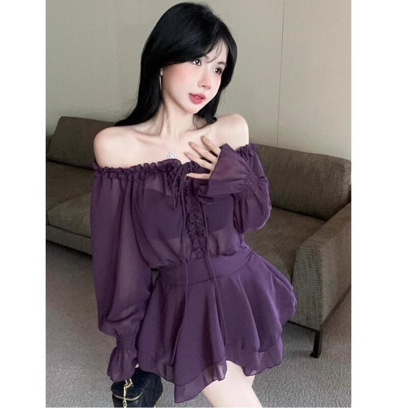 Purple Off-Shoulder Ruffled Long-Sleeve Chiffon Blouse with a Short Skirt, French-Style Elegant Tie Waist Dress for Women
