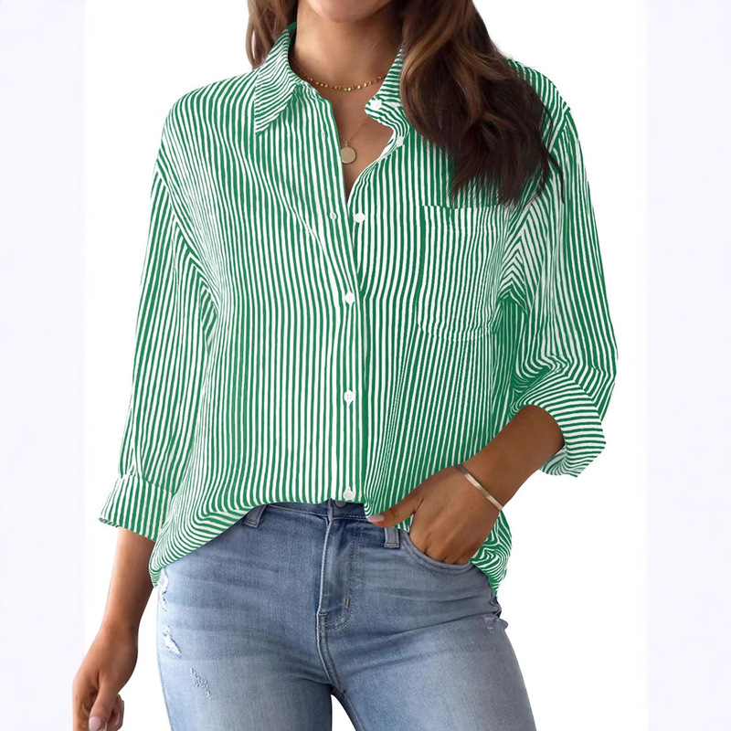 Amazon Cross Border Women's Button-Up Shirt Striped Classic Long Sleeve Collar Office Work Shirt Top Strap