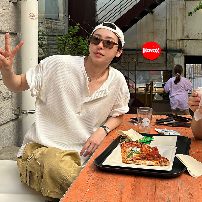 High-grade Waffled Henley Collar Vertical Stripe Long-sleeved T-shirt Men's Spring and Autumn Korean-style Casual Loose Solid Color T-shirt