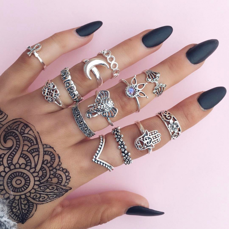 European and American Hollow Carved Elephant Crescent Inlaid Alloy 13-Piece Set Combination Ring Jewelry Wholesale Geometric Ring