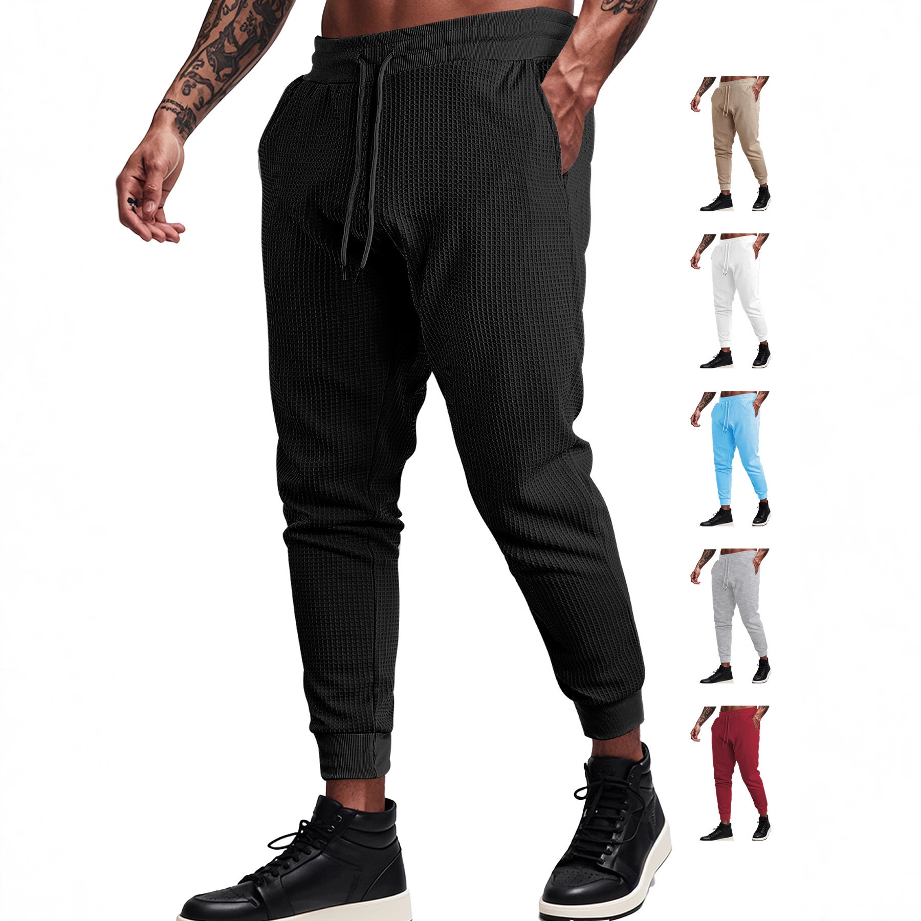 Europa y Estados Unidos ropa de hombre transfronteriza de verano deportivo relajado transpirable de color sólido waffle hombre correa pantalones casuales