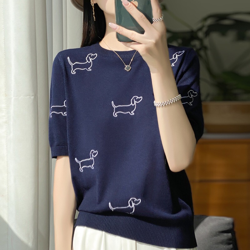 Spring and Summer Fine Wool Round-Neck Embroidered Knit Short-Sleeve Women's Versatile Thin Youthful Stylish Heavy-Duty T-Shirt Top for Women Spring and Summer Fine Wool Round-Neck Embroidered Knit Short-Sleeve Women's Versatile Thin Youthful Stylish Heavy-Duty T-Shirt Top for Women