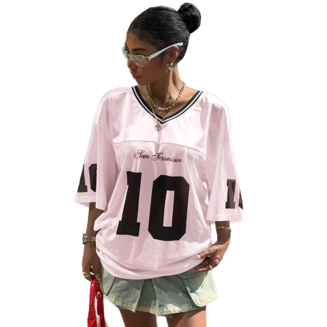 Spring and Summer 2025 New American Style Pullover V-Neck Casual Top Cross-border Alphanumeric Printed Loose Short-sleeved T-shirt
