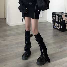 2023夏Y2k辣妹拉链调节扣设计潮酷黑色牛仔腿套朋克暗黑风牛仔裤