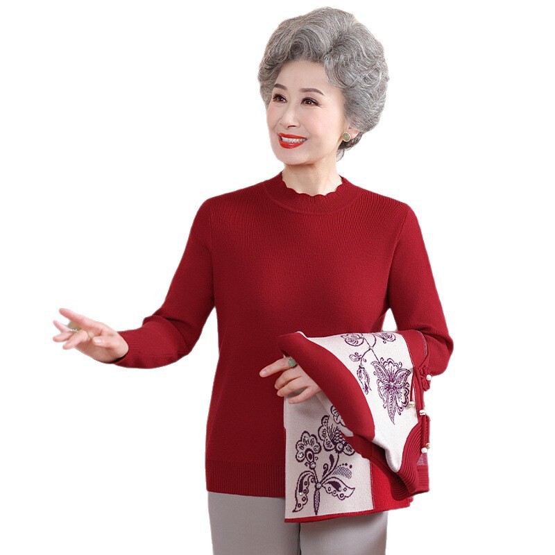 中老年人女妈妈装秋冬新中式国风外套老奶奶加绒毛衣针织两件套装|undefined