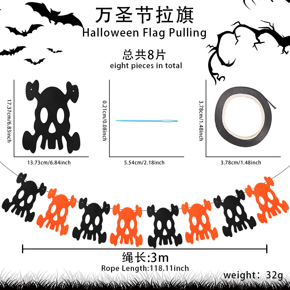 Nueva bandera de halloween tela no tejida bandera de color naranja negro KTV bar decoración de fiesta esqueleto araña colgante tirar de flores