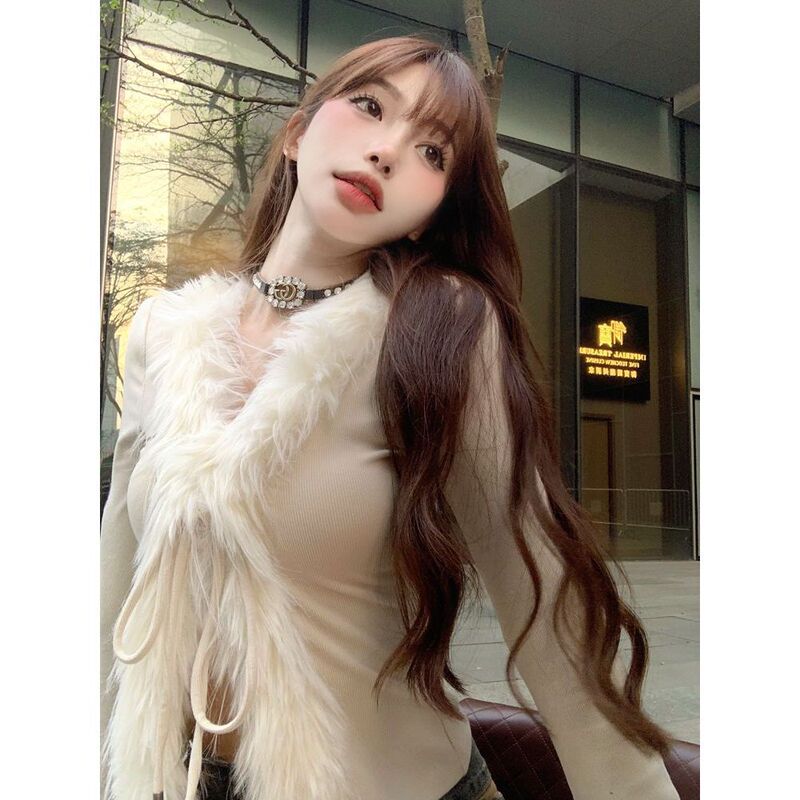 Thai-Style Plush Korean Cardigan for Women, Spring and Autumn Sweet Spicy Girl Slim-Fit Inner Base Sweater, Short Long-Sleeve Furry Top Thai-Style Plush Korean Cardigan for Women, Spring and Autumn Sweet Spicy Girl Slim-Fit Inner Base Sweater, Short Long-Sleeve Furry Top