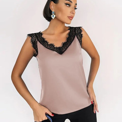 Top with Lace Trim V-Neck Lace Blouse Business Casual Sleeveless Backless Top