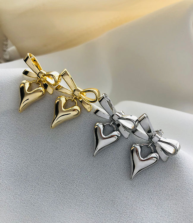 15g Weight 1 Pair Simple Style Heart Shape Bow Knot Copper 18K Gold Plated Drop Earrings