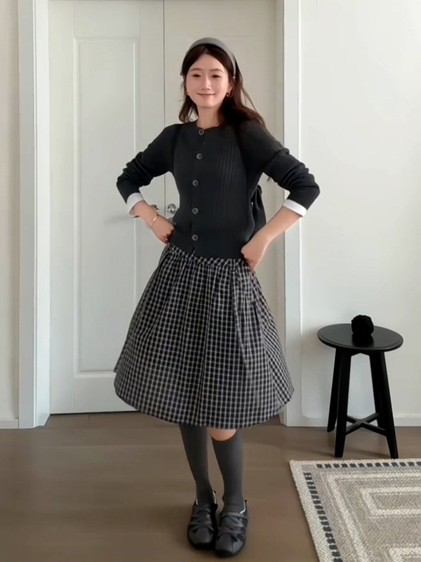 灰色毛衣开衫外套女2025早秋格纹半身连衣裙子一整套ootd穿搭套装|undefined