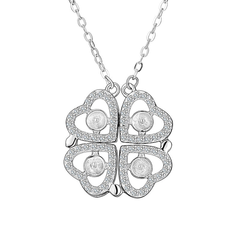 Silverhalsband med pärlor för damer hjärta och klöver_voghion.com