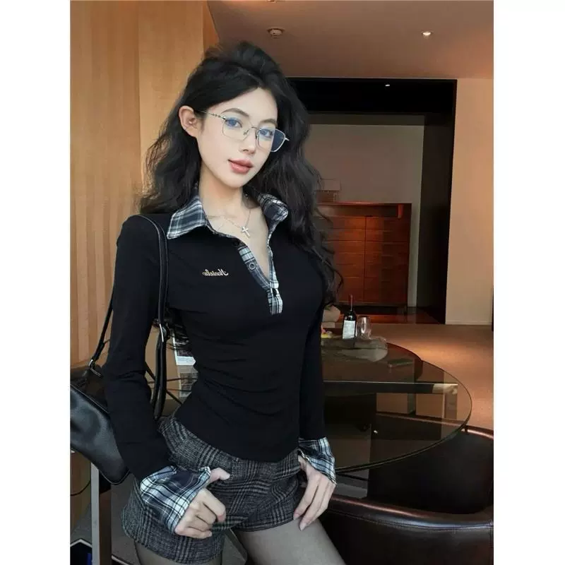 学院风polo领T恤女2025春秋季穿搭新款修身显瘦百搭撞色格子上衣