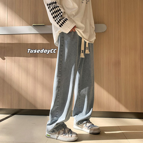 High Street Jeans Men Autumn Loose Straight Leg Wide Leg Pants Trend Brand Versatile American Retro Elastic Waist Casual Pants