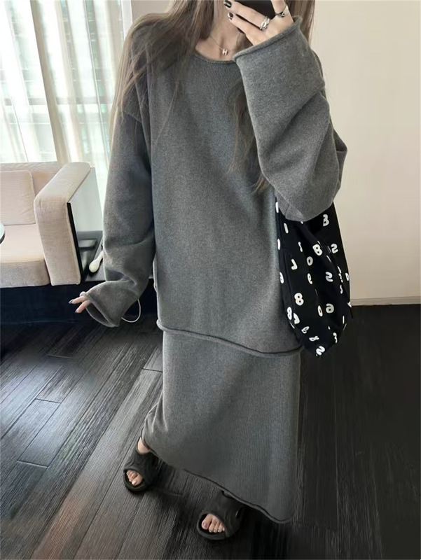 秋冬新款跨境宽松慵懒针织套装女休闲简约卷边半身裙毛衣两件套|undefined