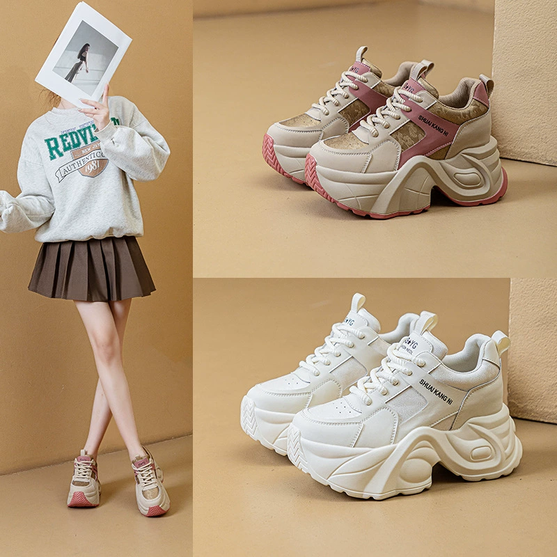 2024 Новый осенний рост натуральной кожи повседневная обувь папы с толстой подошвой на склоне каблуке студенческая обувь маленькая белая обувь женская обувь