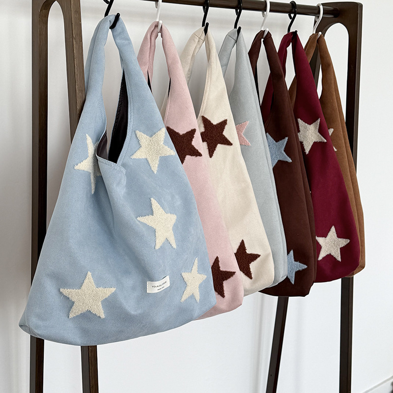 Korean Style Star Embroidered Shoulder Bag, Large Capacity Plush Tote Bag, Versatile Suede Commuting Bag, High-End Feel for Women