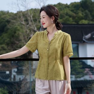 Qianbai Yilian 2025 Summer Short-Sleeved Thin V Neck Shirt Middle-Aged and Elderly Fashionable Mother's Wear Waist Slimming Look Shirt