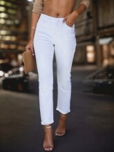 Y 43444 White Frayed Hem Straight Leg Jeans ��ɫë��ֱͲ��