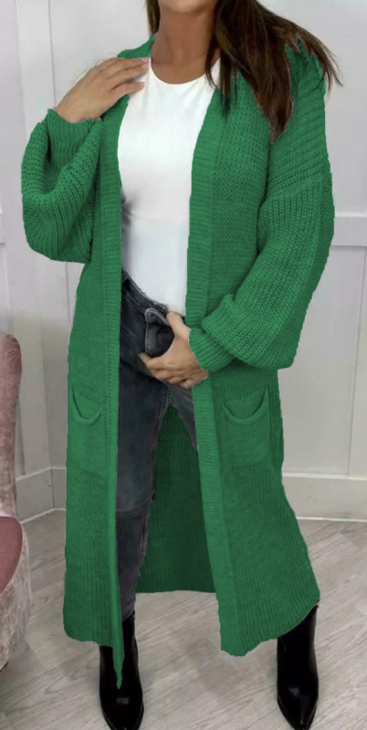 欧美秋冬女装针织衫跨境外贸长款口袋开衫毛衣亚马逊纯色大码毛衣|undefined