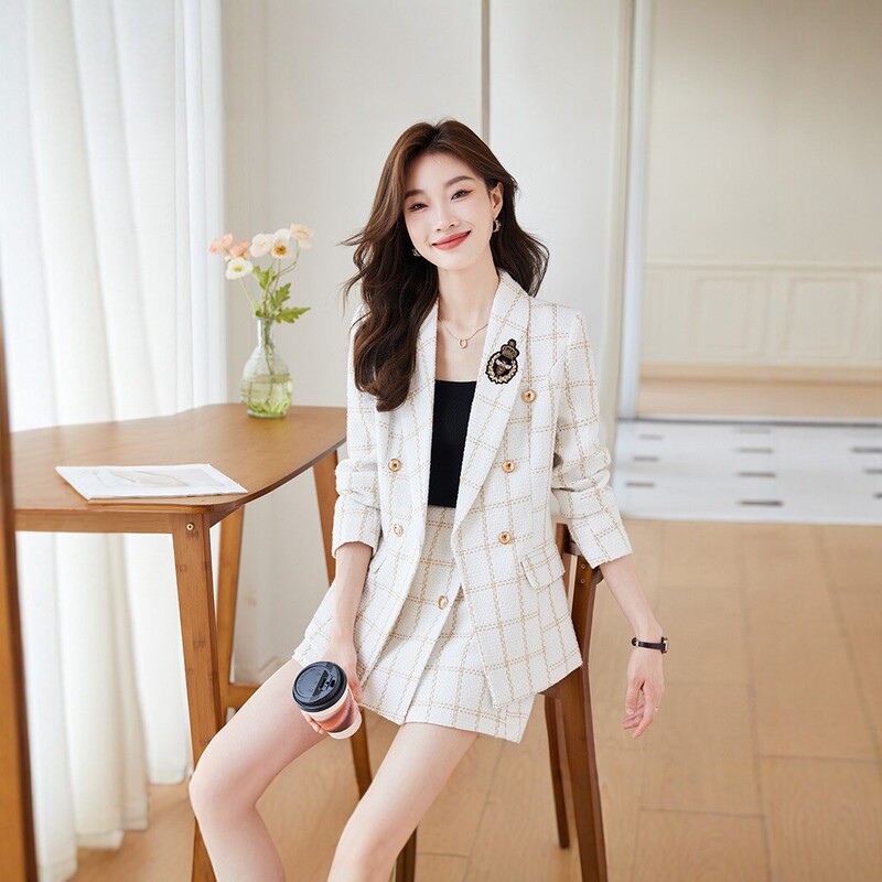 2025 white plaid suit set for women, spring and autumn, high-end, elegant, workwear, professional suit and skirt set