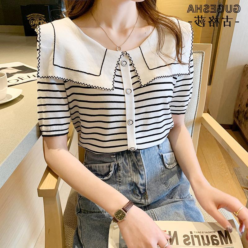 Cross-Border Style Autumn and Summer New Navy Collar Short-Sleeved Loose Doll Collar Contrasting Stripesd Knitwear T-Shirt Tops for Women!