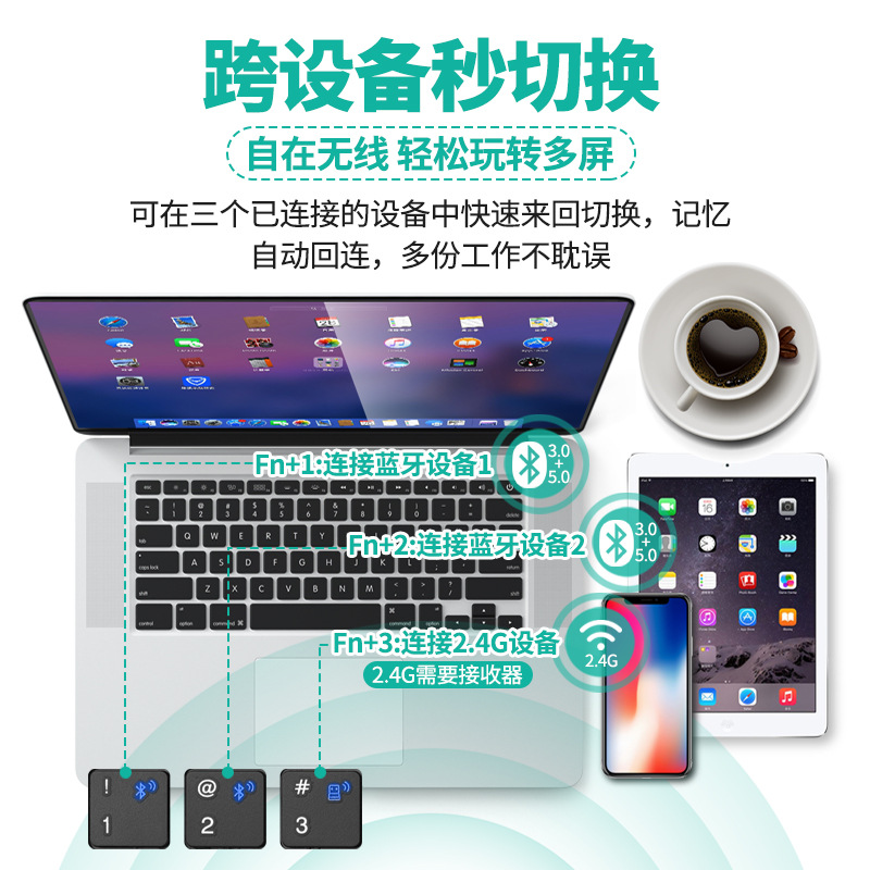 Teclado de ratón inalámbrico teclado de tres modos teclado de modo dual portátil computadora de escritorio tableta teléfono móvil aplicable multidispositivo