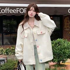 外套粉色翻领甜美港风2025碎花新款设计秋季碎花宽松百搭夹克上衣
