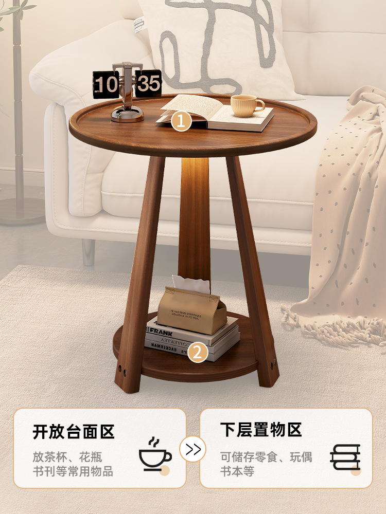 Madera maciza pequeña mesa redonda sofá mesa auxiliar moderna simple portátil pequeña mesa de café sala de estar balcón pequeña mesa de té estante de almacenamiento