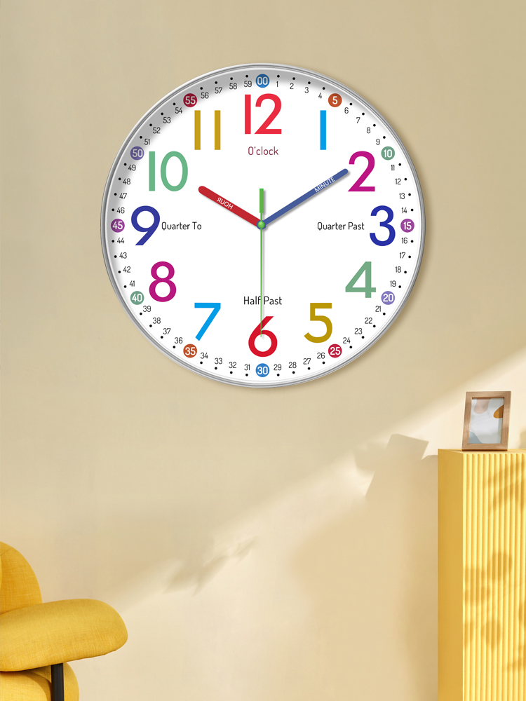Early Education Learning Silent Wall Clock Living Room Home Bedroom Clock Student Children's Room Rainbow Wall Hanging Punch-Free Clock