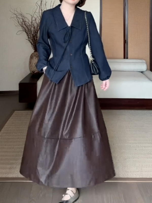 大码女装翻领掐腰长袖牛仔衬衫早秋新款微胖mm设计感时尚显瘦上衣|undefined