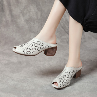 Summer New Genuine Leather Slippers Women's Thick High-heeled Outward Wear Retro Sandals Comfortable Fish-mouth Ethnic Style Mother Sandals