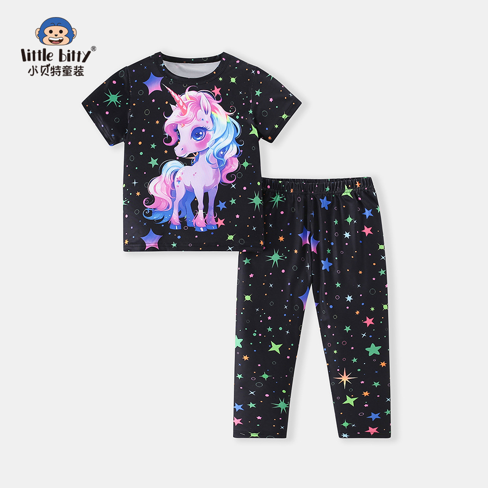 Ropa infantil transfronteriza, conjunto europeo y americano de primavera y verano, pantalón largo de manga corta, estampado fluorescente de unicornio de dibujos animados, stock europeo y americano disponible al por mayor.