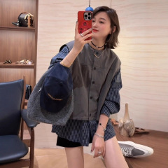 韩版设计感假两件衬衫女2025秋季新条纹拼接开衫宽松显瘦百搭上衣