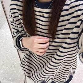 美式复古圆领条纹针织显瘦卫衣女春秋新款慵懒风休闲套头长袖毛衣