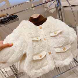 新年战袍女童夹棉外套2024冬装毛毛衣仿皮草女宝小香风拜年服过年