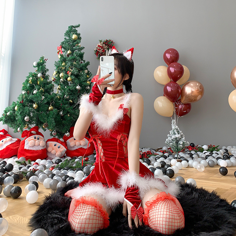 Sexy Christmas holiday wear women's Sexy Slim plush sling dress COS nightclub bar stage performance clothes