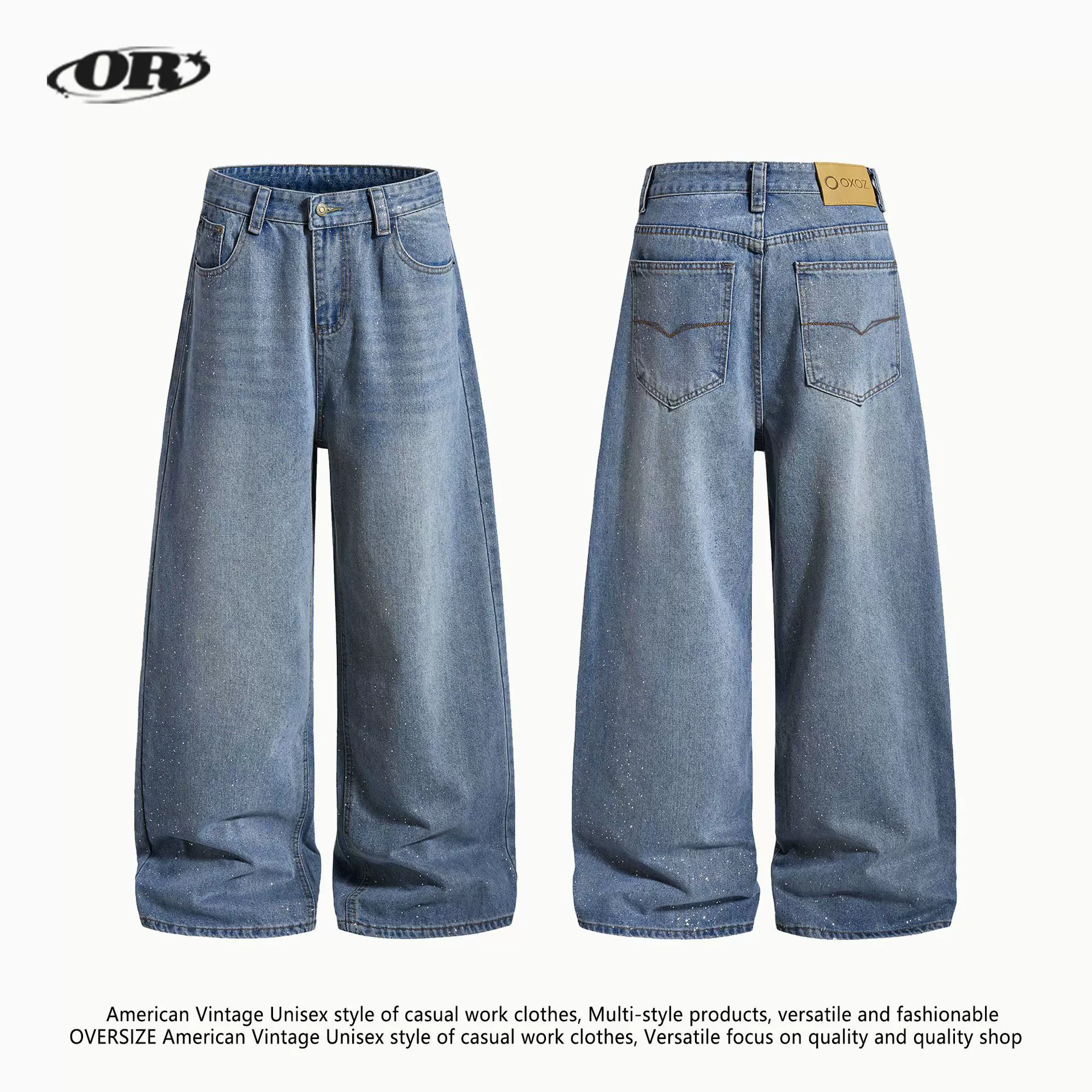 OREETA 复古水洗牛仔裤男秋季美式高街潮牌阔腿直筒宽松牛仔裤