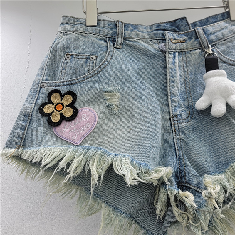 Pantalones Cortos de Mezclilla Corte en A para Mujer Deshilachados con Parche